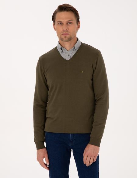 Koyu Haki Slim Fit V Yaka Basic Triko Kazak - 50314190036