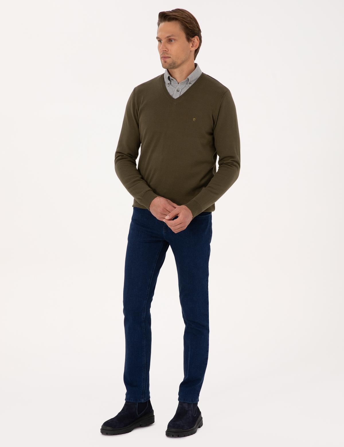 Koyu Haki Slim Fit V Yaka Basic Triko Kazak - 50314190036