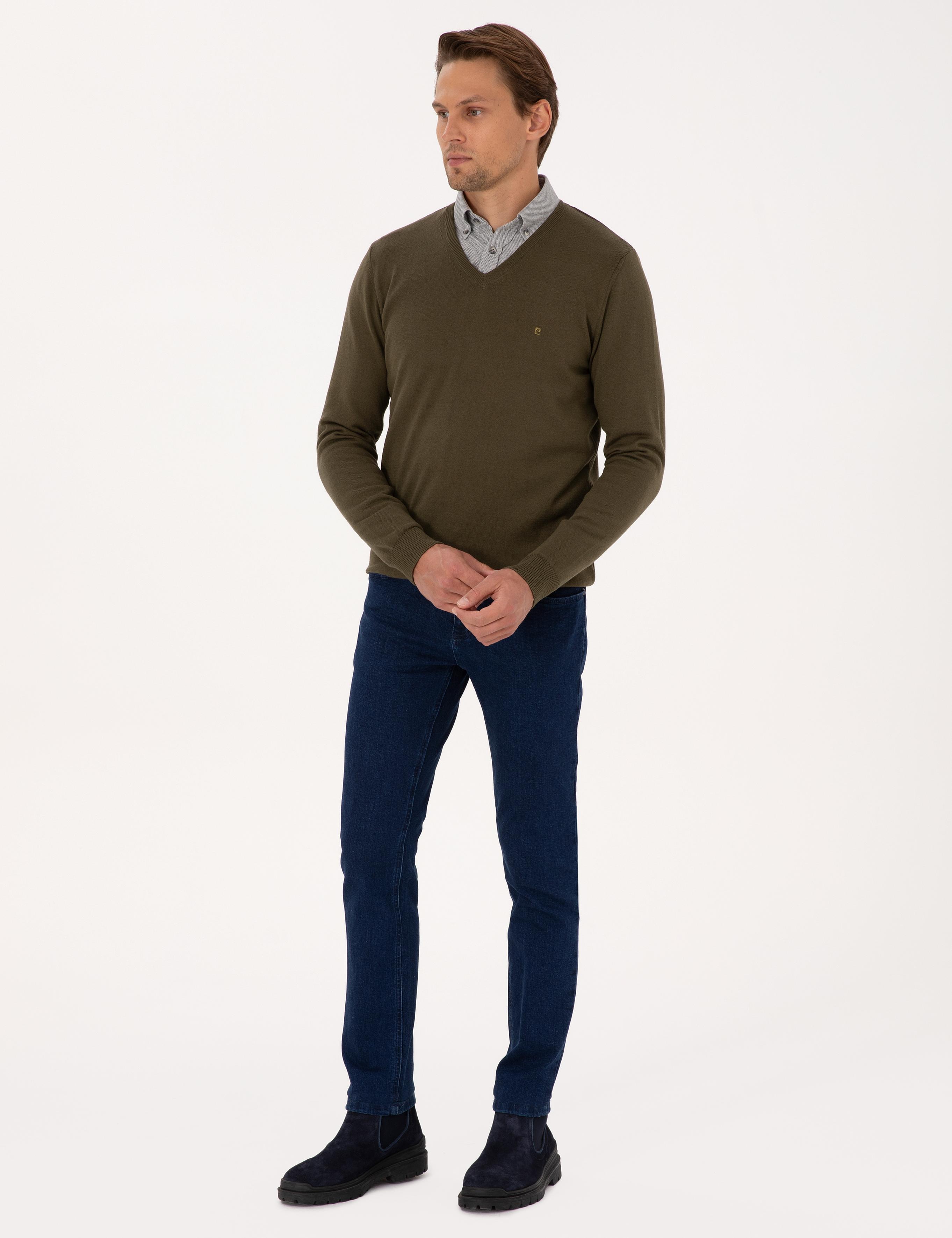 Koyu Haki Slim Fit V Yaka Basic Triko Kazak