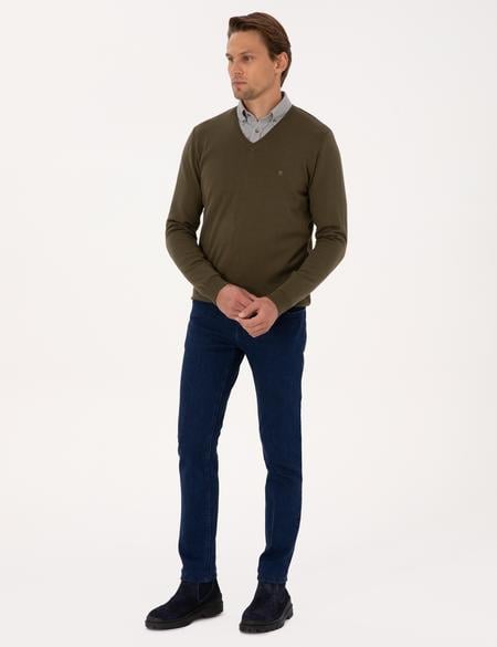 Koyu Haki Slim Fit V Yaka Basic Triko Kazak - 50314190036