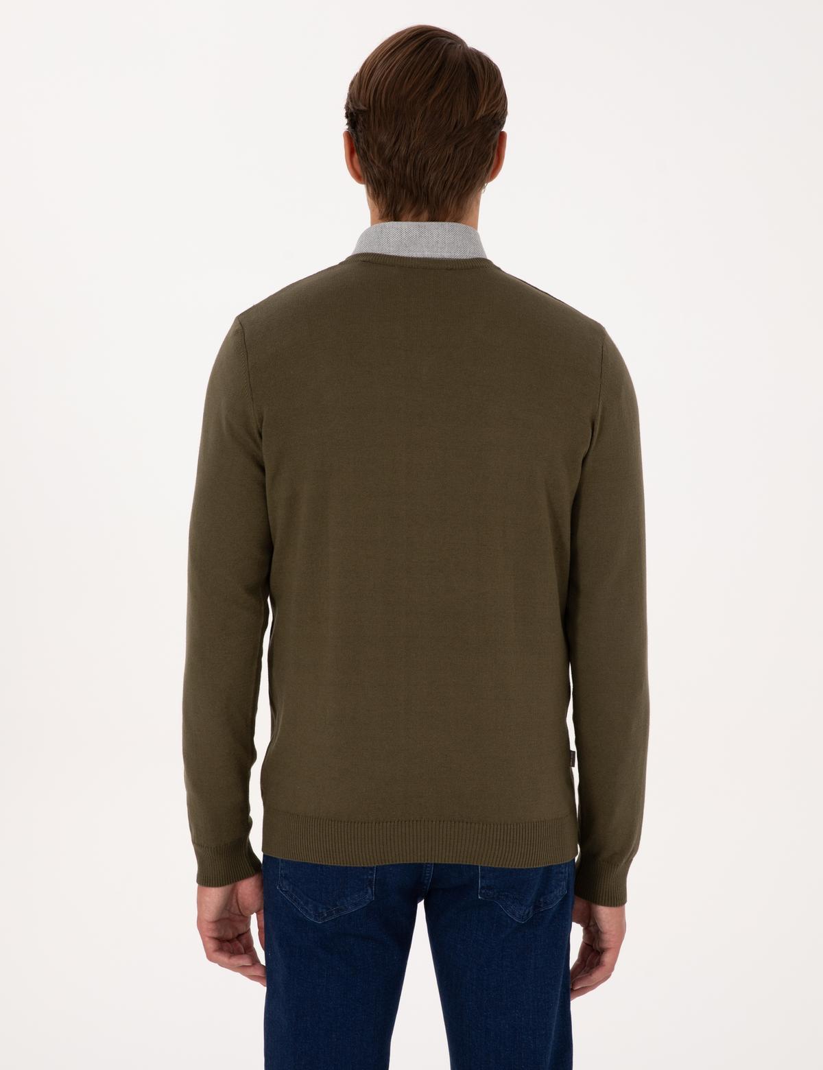 Koyu Haki Slim Fit V Yaka Basic Triko Kazak - 50314190036