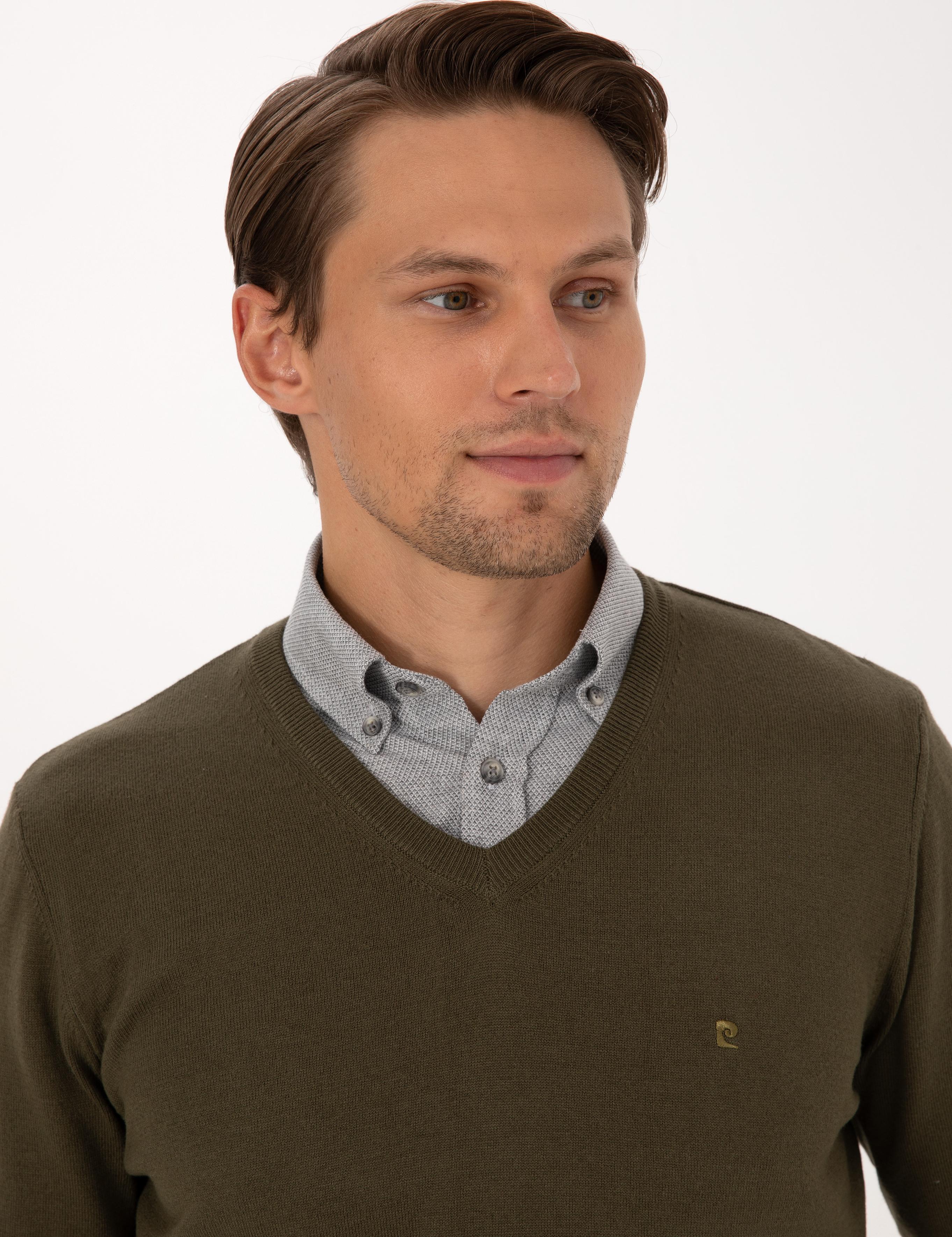 Koyu Haki Slim Fit V Yaka Basic Triko Kazak