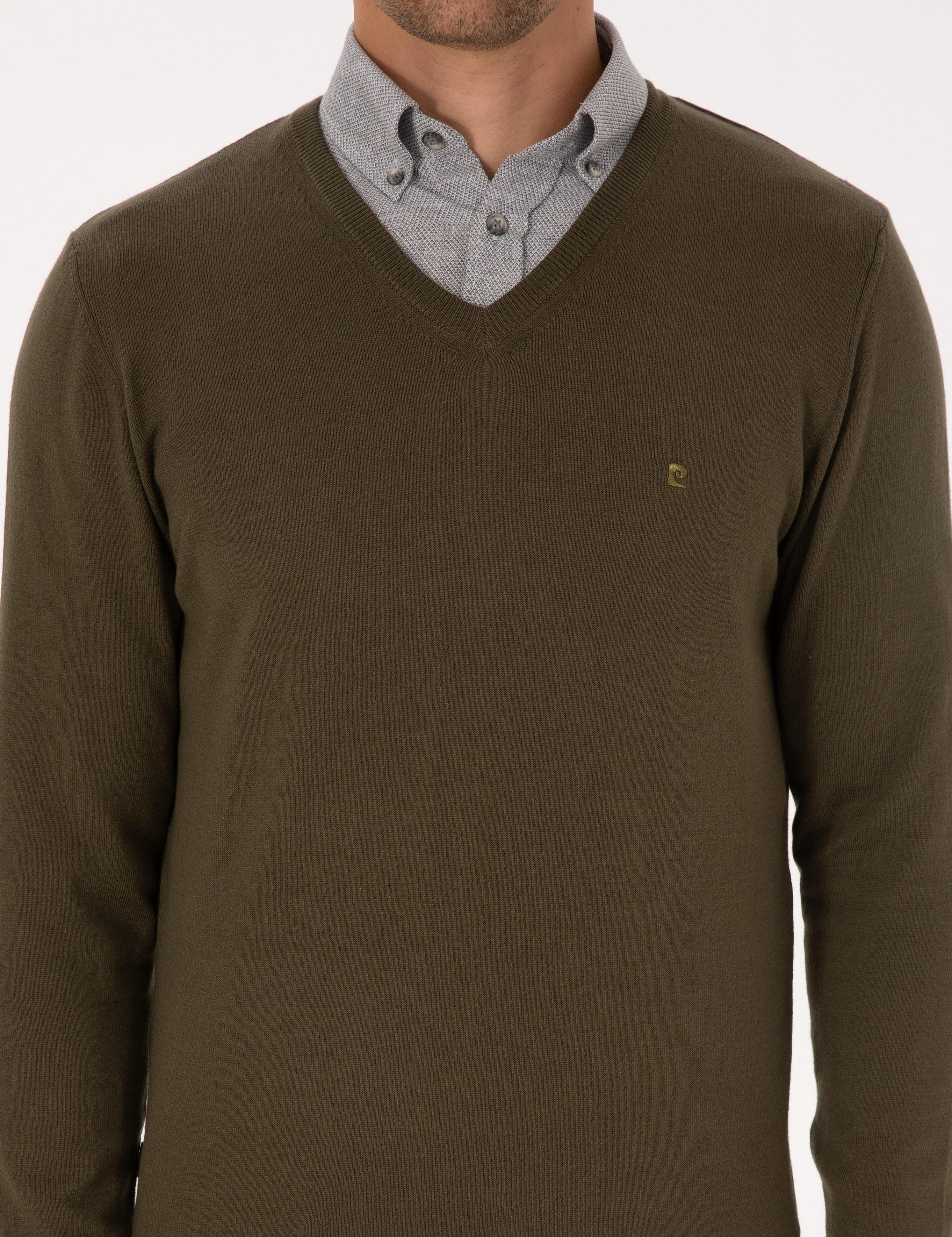 Koyu Haki Slim Fit V Yaka Basic Triko Kazak