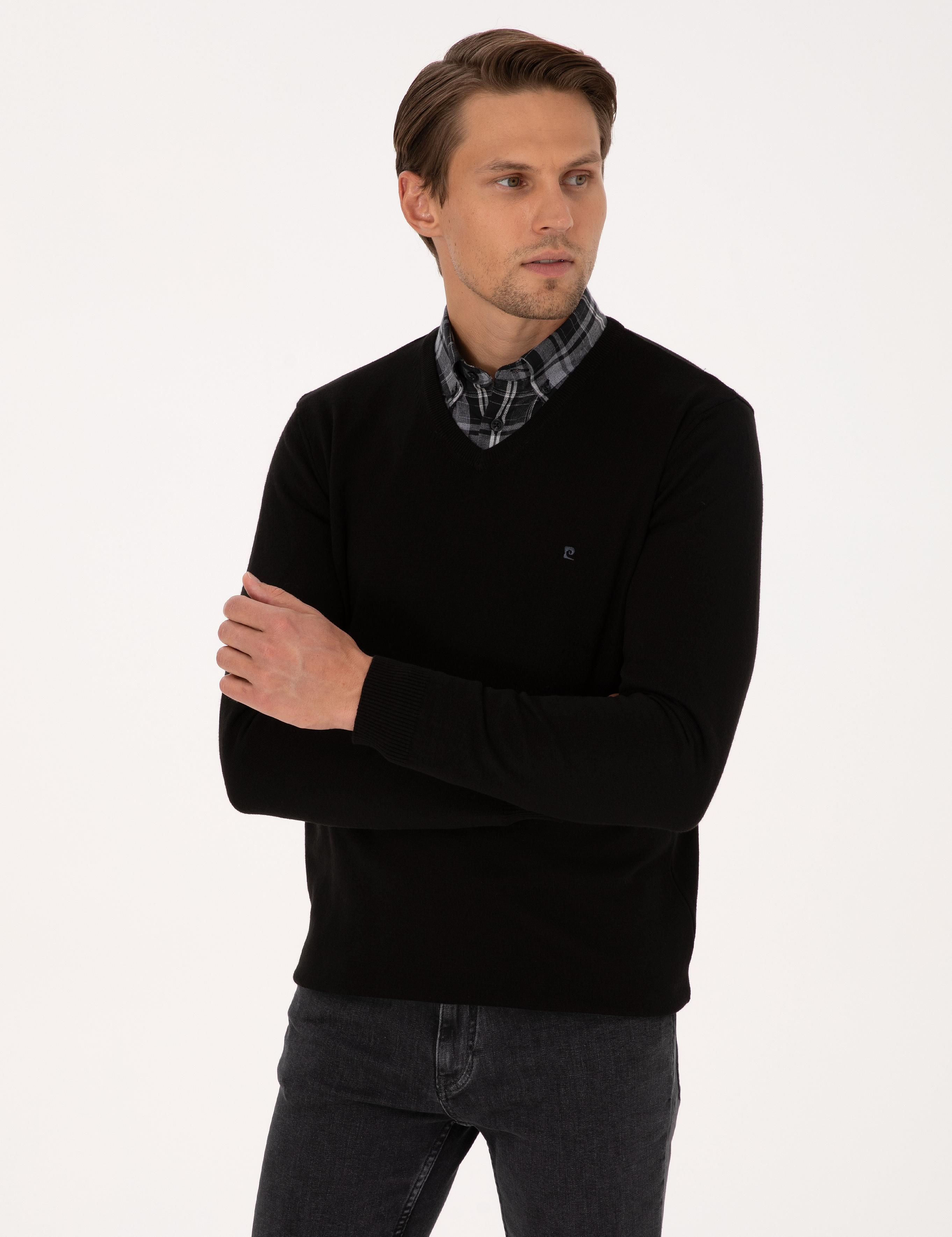 Siyah Slim Fit V Yaka Basic Triko Kazak