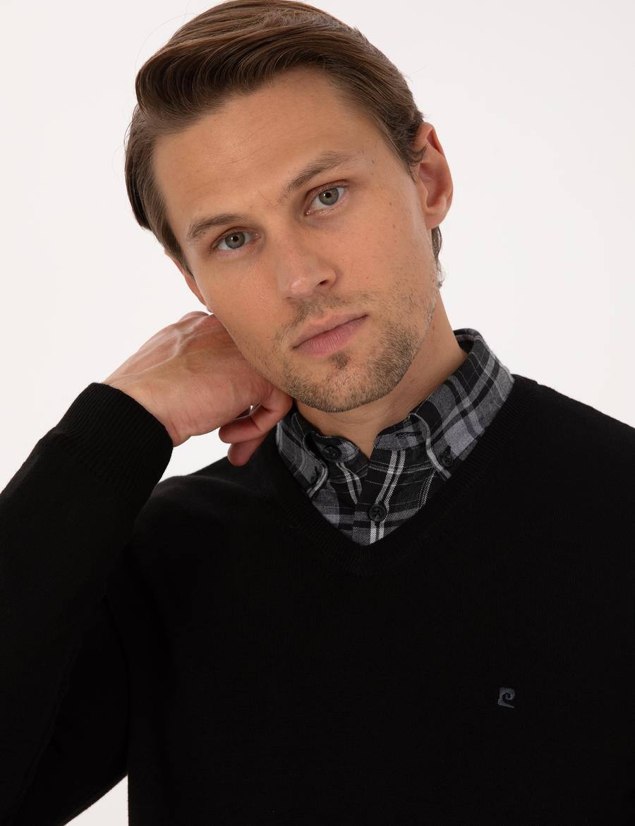 Siyah Slim Fit V Yaka Basic Triko Kazak