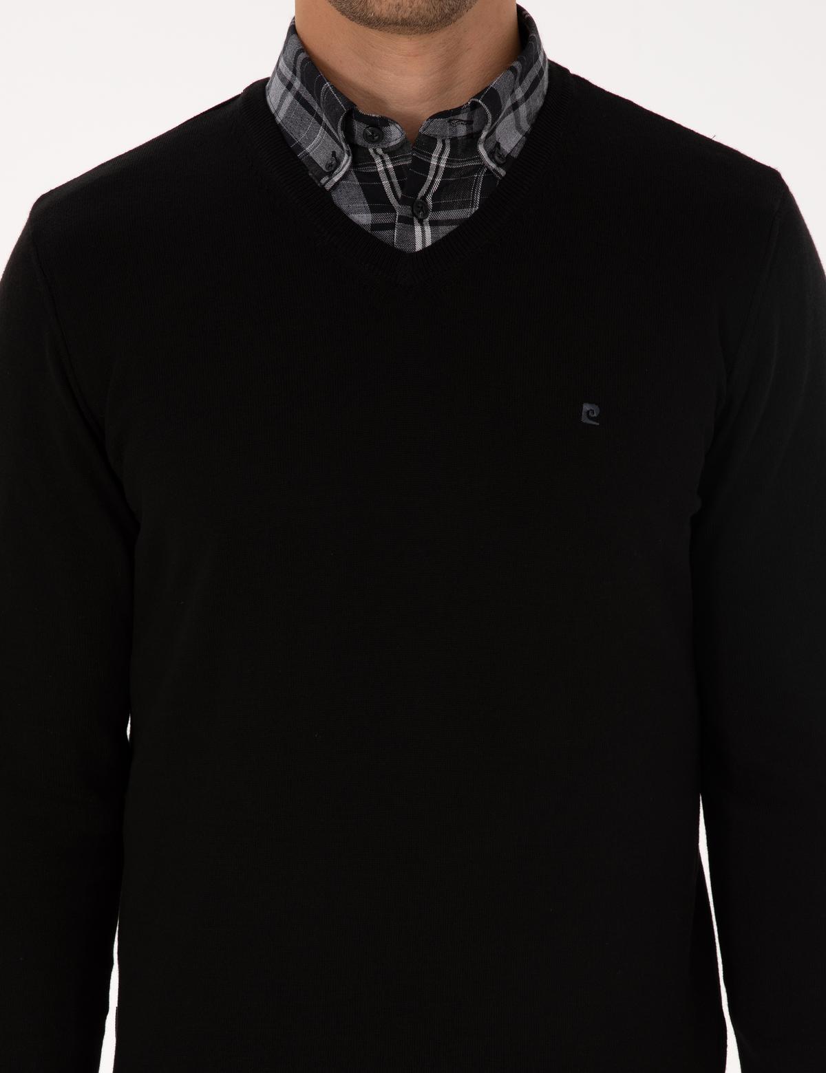 Siyah Slim Fit V Yaka Basic Triko Kazak - 50314190009