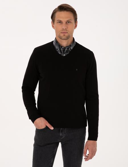 Siyah Slim Fit V Yaka Basic Triko Kazak - 50314190009