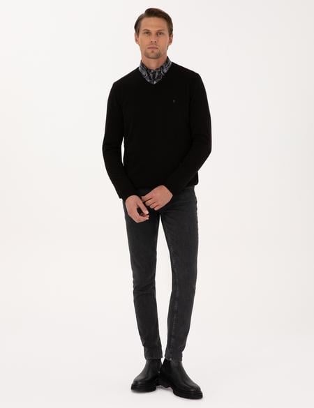 Siyah Slim Fit V Yaka Basic Triko Kazak - 50314190009