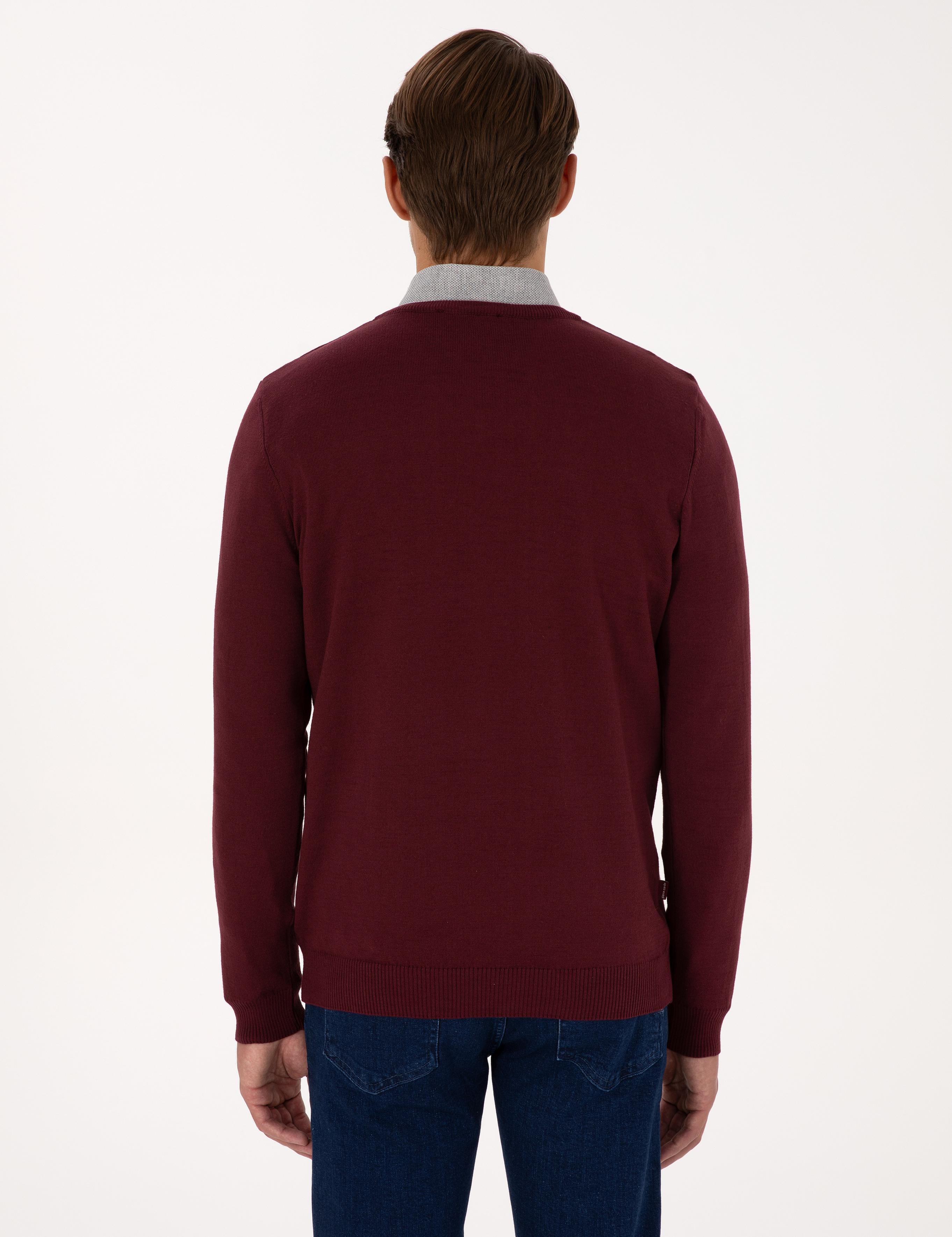 Koyu Bordo Slim Fit V Yaka Basic Triko Kazak