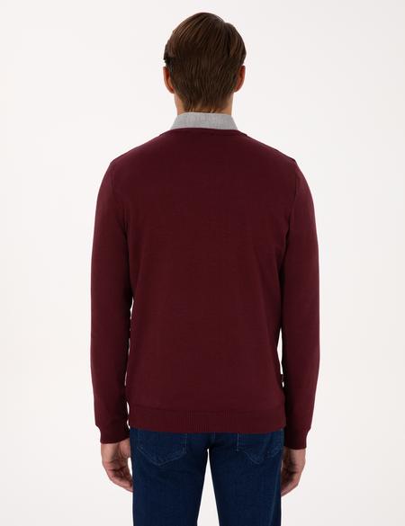 Koyu Bordo Slim Fit V Yaka Basic Triko Kazak - 50314190106