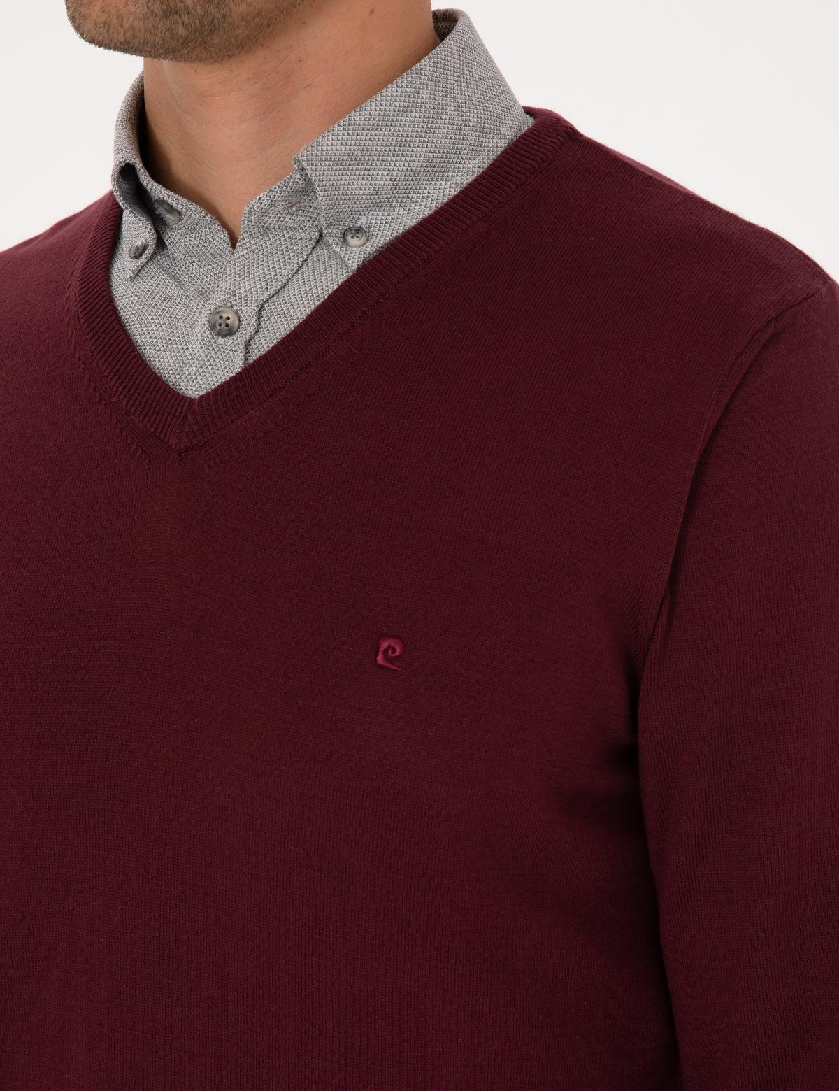 Koyu Bordo Slim Fit V Yaka Basic Triko Kazak - 50314190106