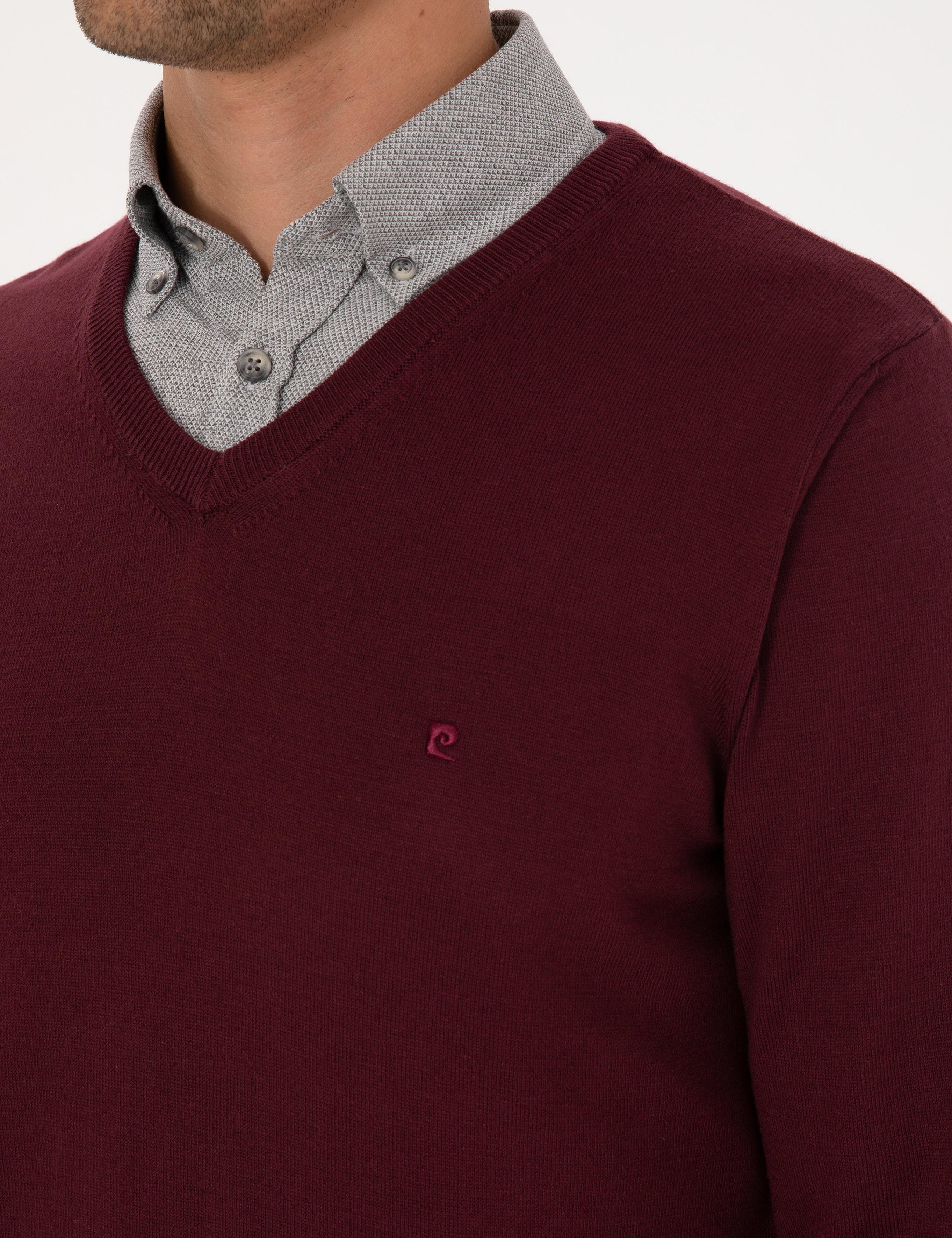 Koyu Bordo Slim Fit V Yaka Basic Triko Kazak