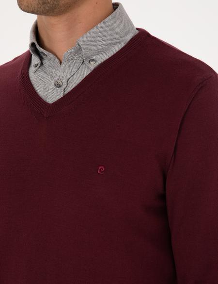 Koyu Bordo Slim Fit V Yaka Basic Triko Kazak - 50314190106