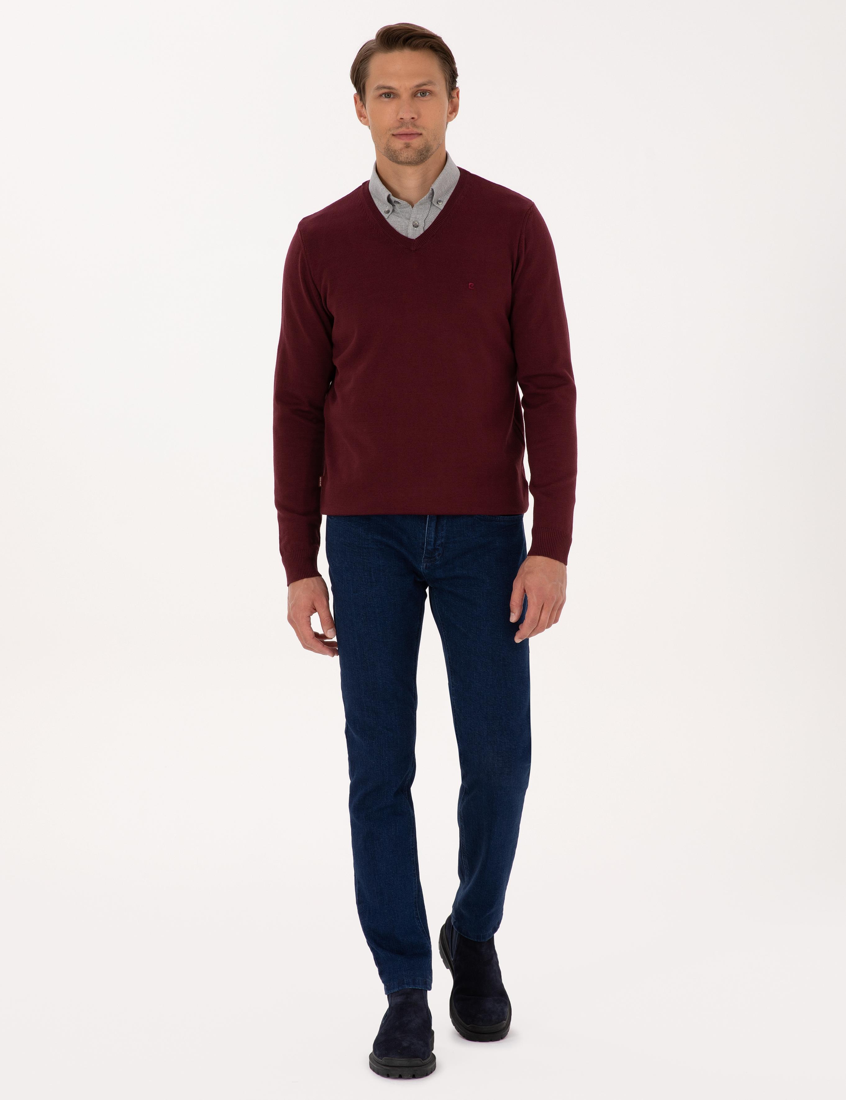 Koyu Bordo Slim Fit V Yaka Basic Triko Kazak