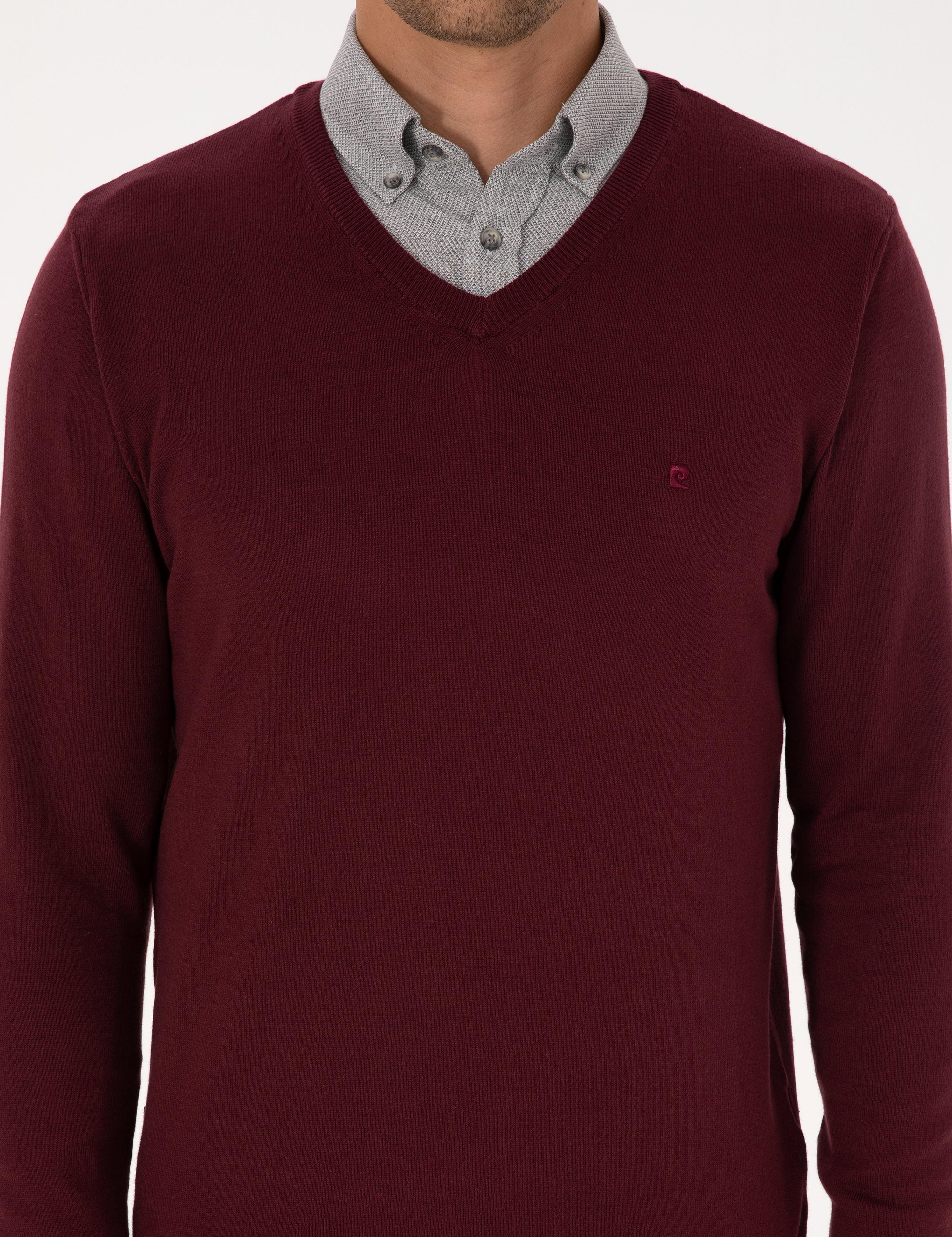 Koyu Bordo Slim Fit V Yaka Basic Triko Kazak