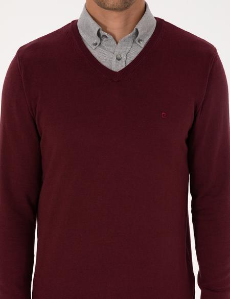 Koyu Bordo Slim Fit V Yaka Basic Triko Kazak - 50314190106