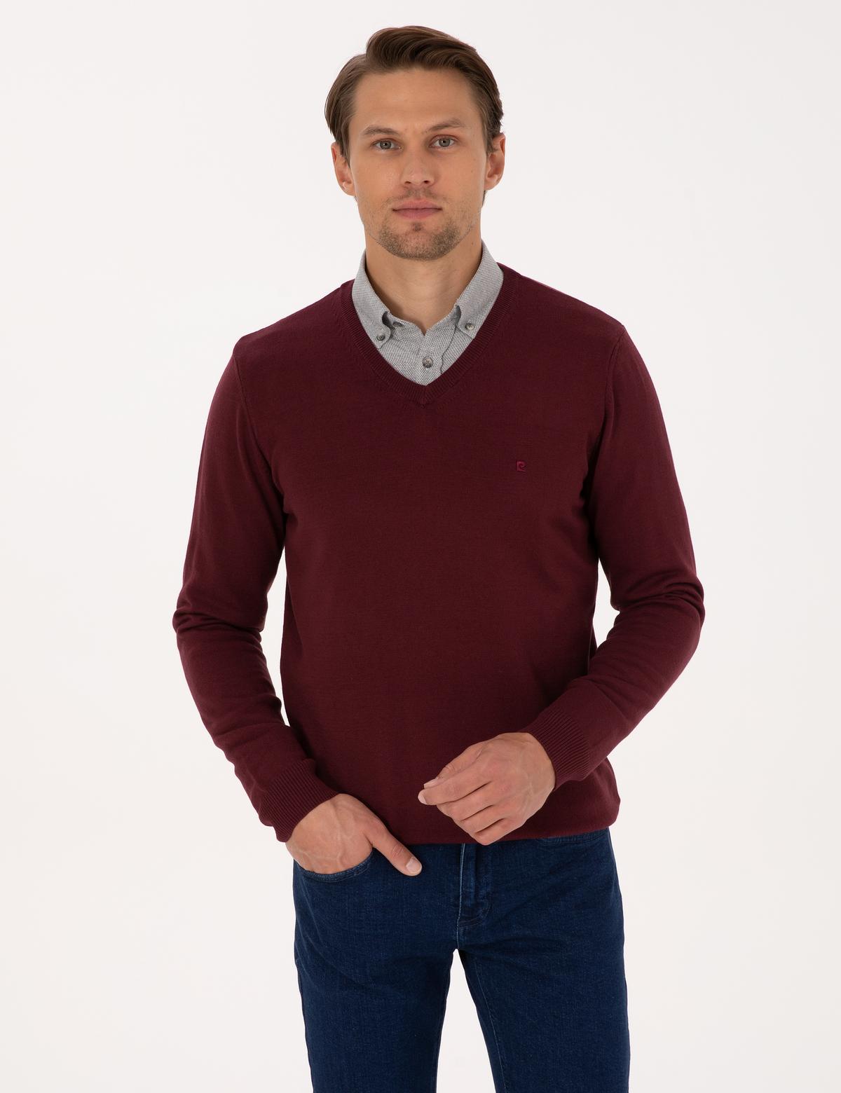 Koyu Bordo Slim Fit V Yaka Basic Triko Kazak