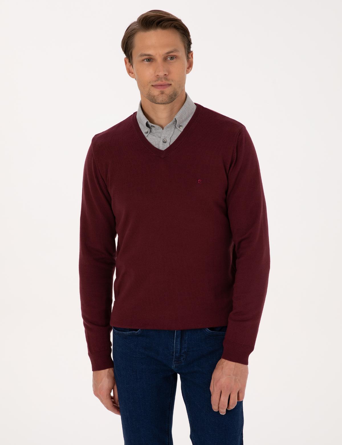 Koyu Bordo Slim Fit V Yaka Basic Triko Kazak - 50314190106