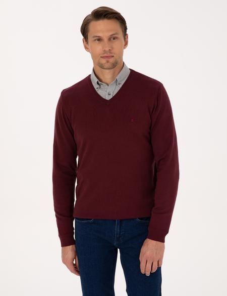 Koyu Bordo Slim Fit V Yaka Basic Triko Kazak - 50314190106