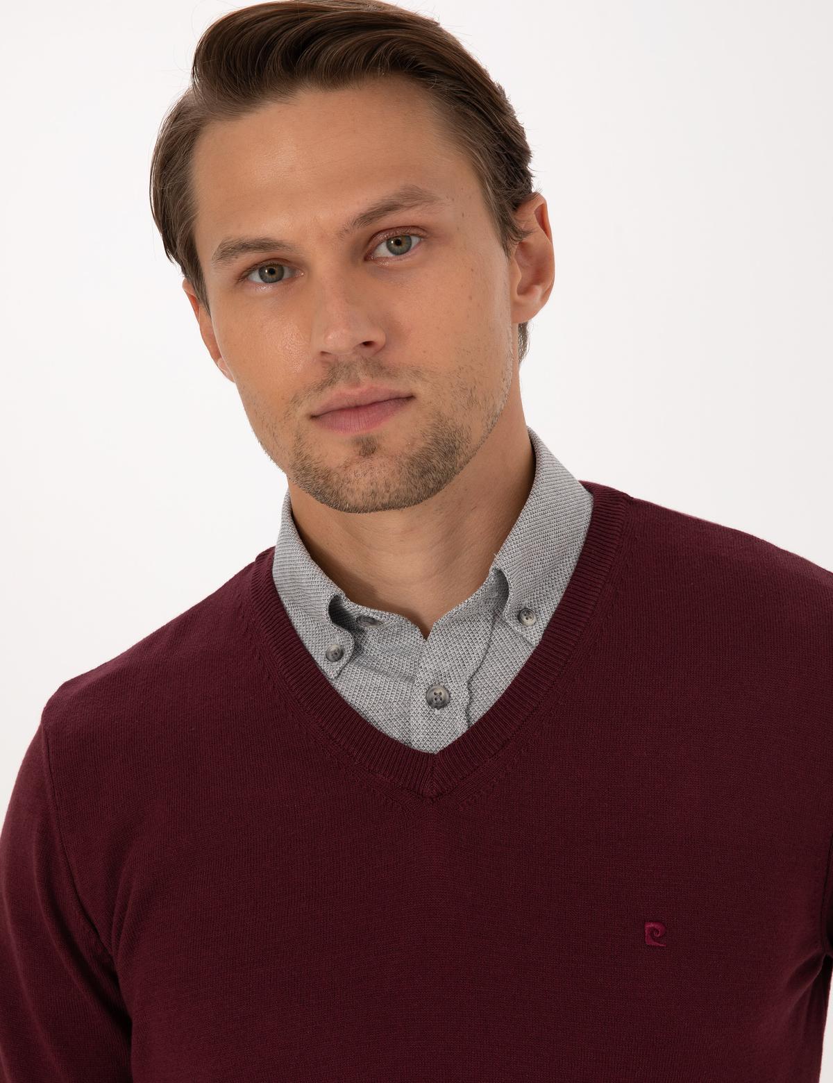 Koyu Bordo Slim Fit V Yaka Basic Triko Kazak - 50314190106