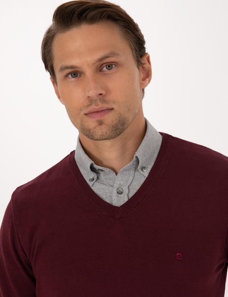 Koyu Bordo Slim Fit V Yaka Basic Triko Kazak - 50314190106
