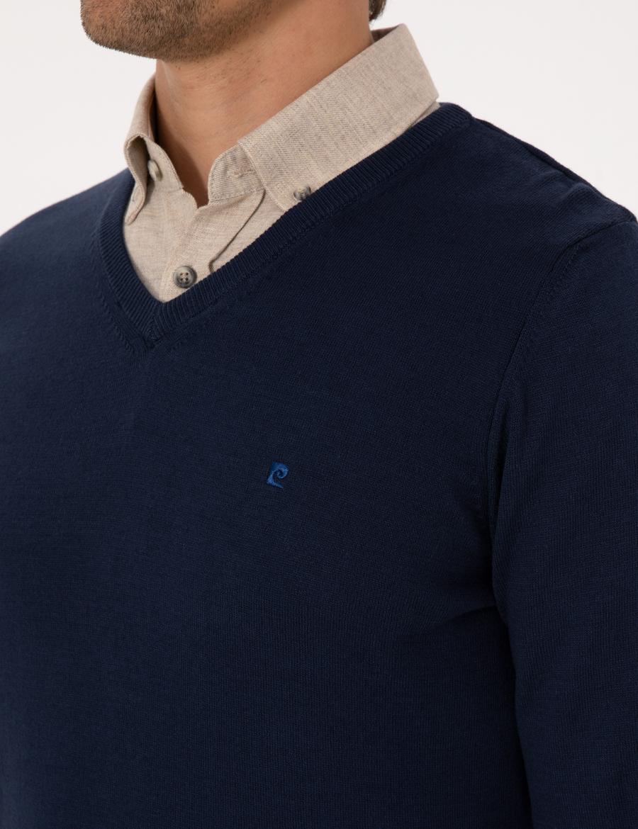 Açık Lacivert Slim Fit V Yaka Basic Triko Kazak