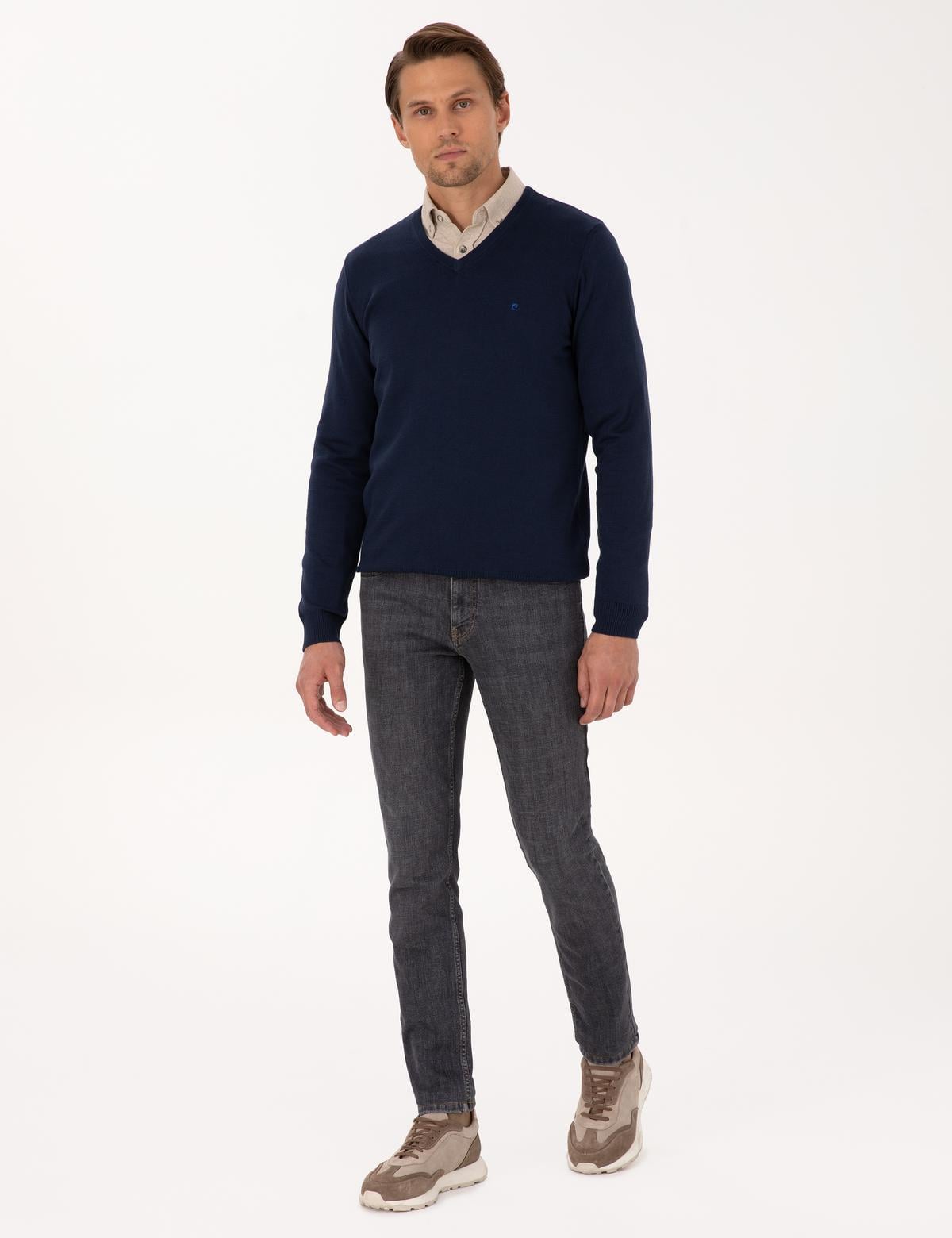 Açık Lacivert Slim Fit V Yaka Basic Triko Kazak - 50314190019
