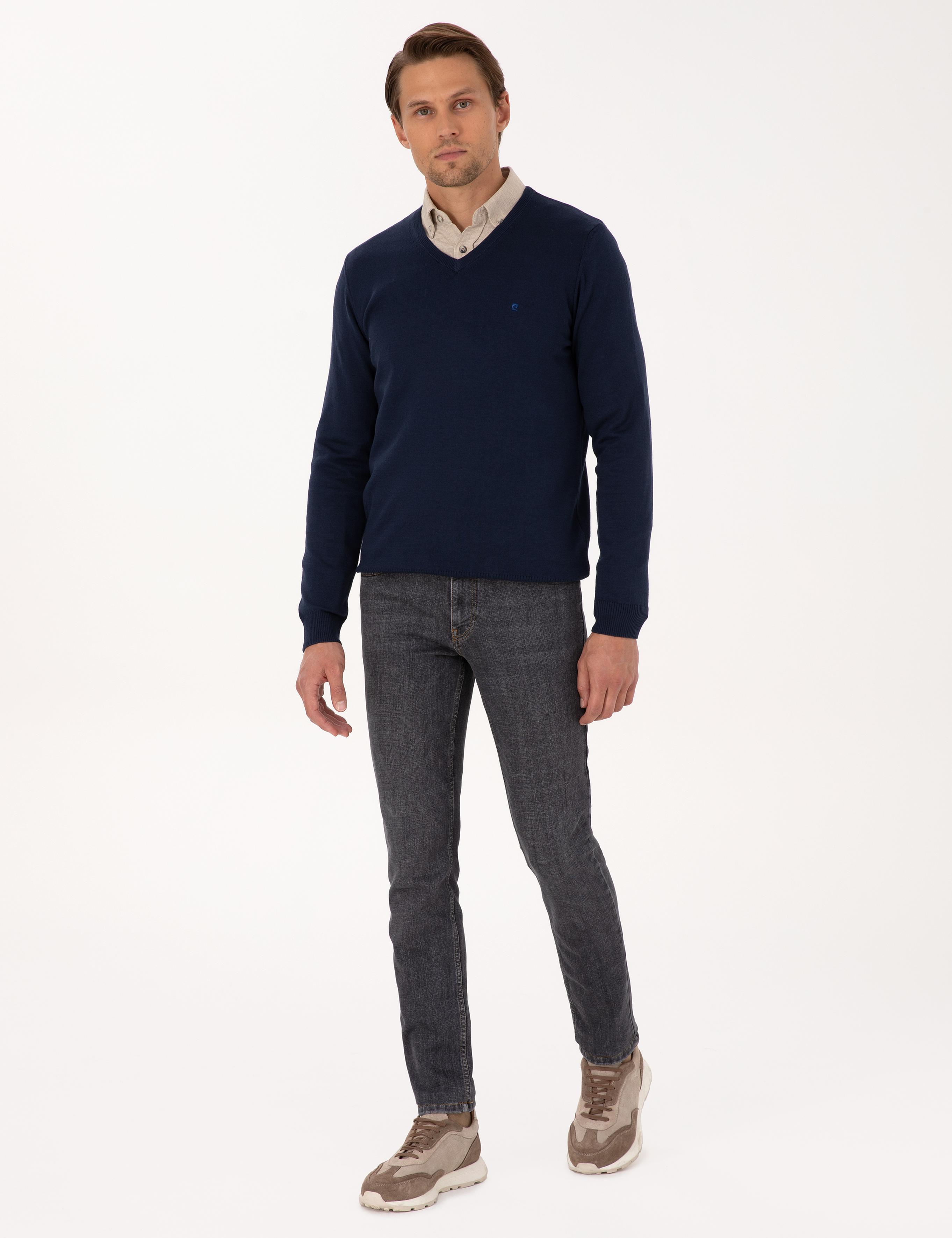 Açık Lacivert Slim Fit V Yaka Basic Triko Kazak