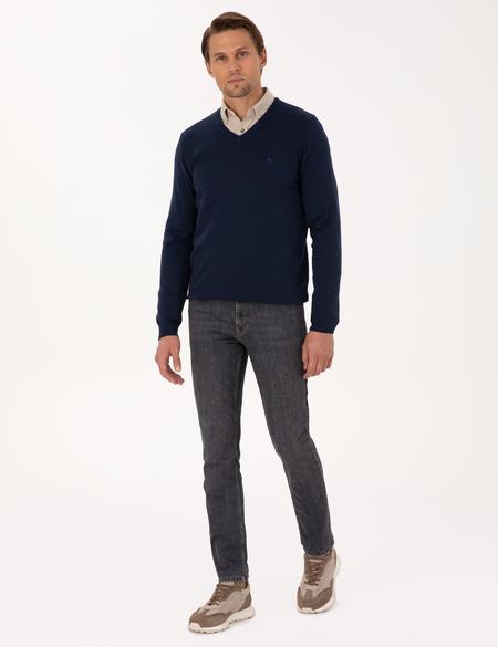 Açık Lacivert Slim Fit V Yaka Basic Triko Kazak - 50314190019