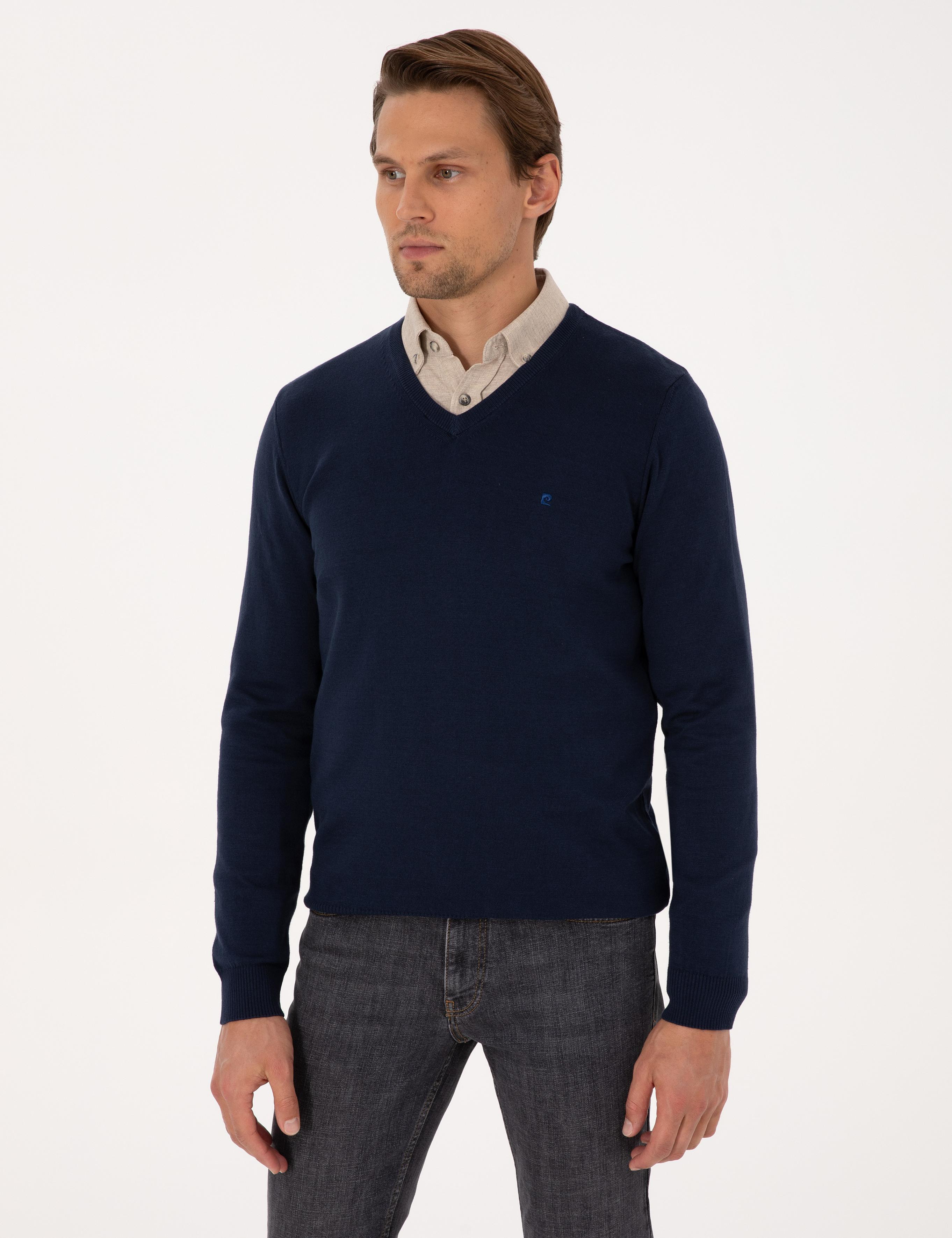 Açık Lacivert Slim Fit V Yaka Basic Triko Kazak