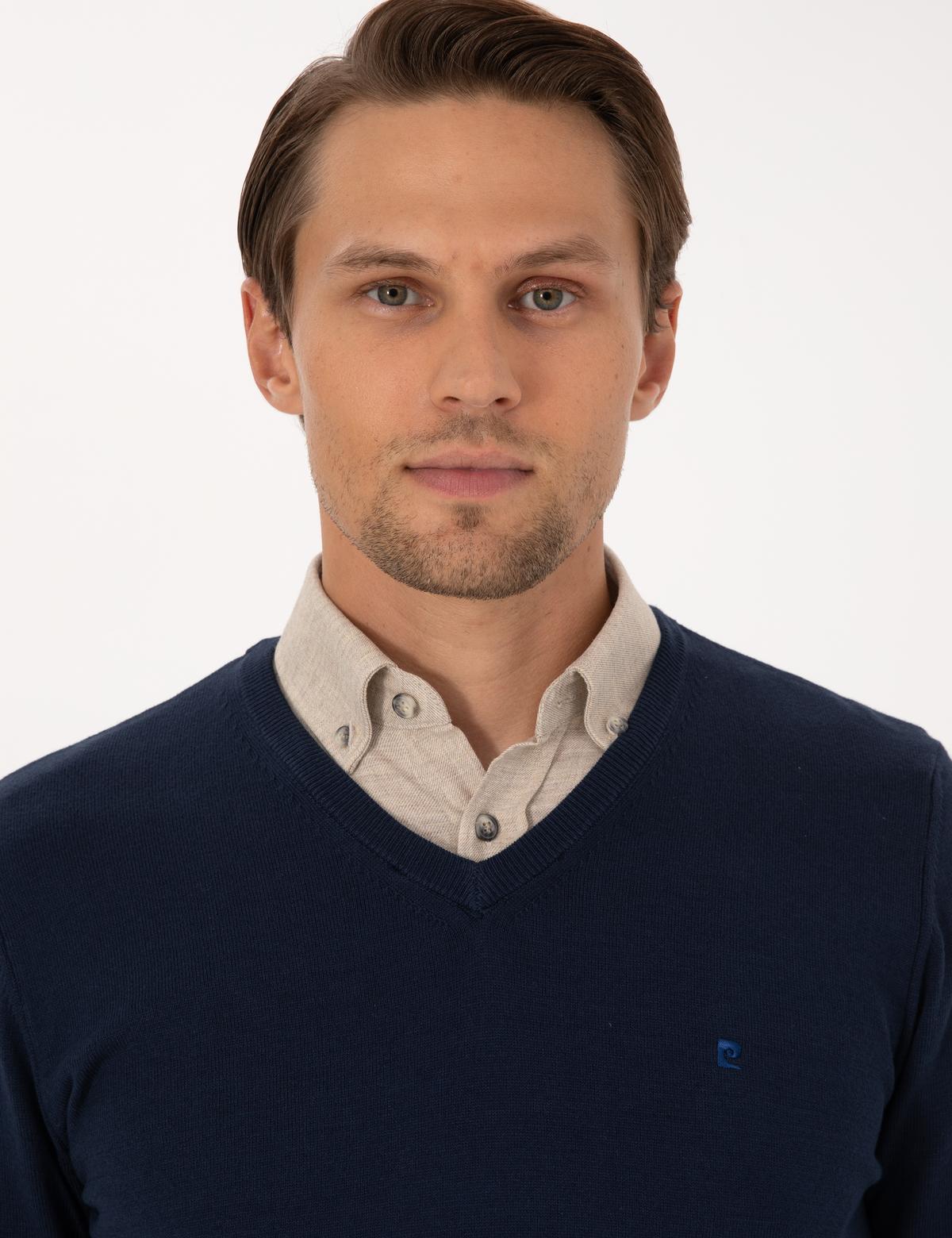 Açık Lacivert Slim Fit V Yaka Basic Triko Kazak - 50314190019