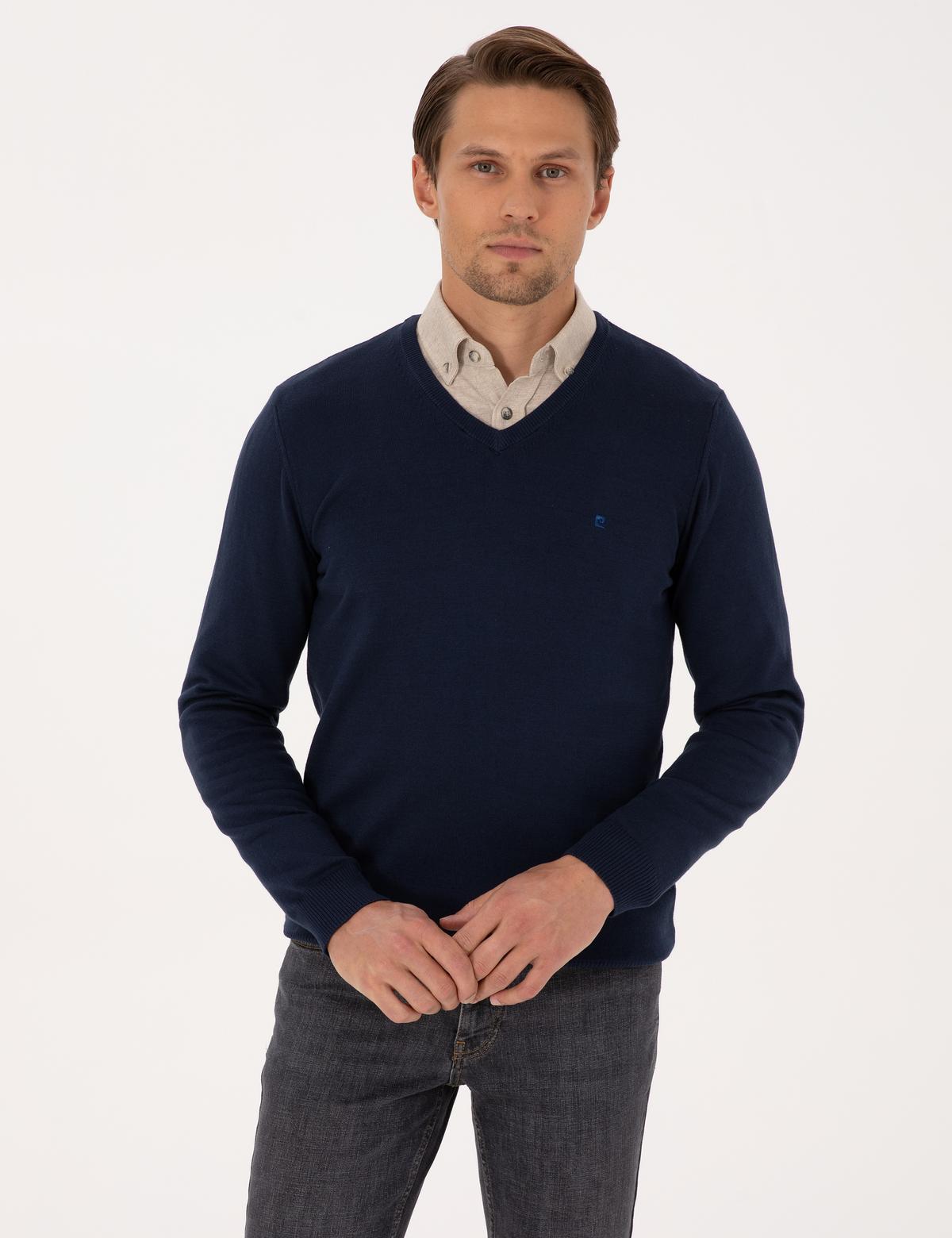 Açık Lacivert Slim Fit V Yaka Basic Triko Kazak