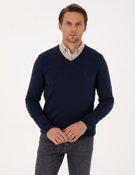 Açık Lacivert Slim Fit V Yaka Basic Triko Kazak - 50314190019