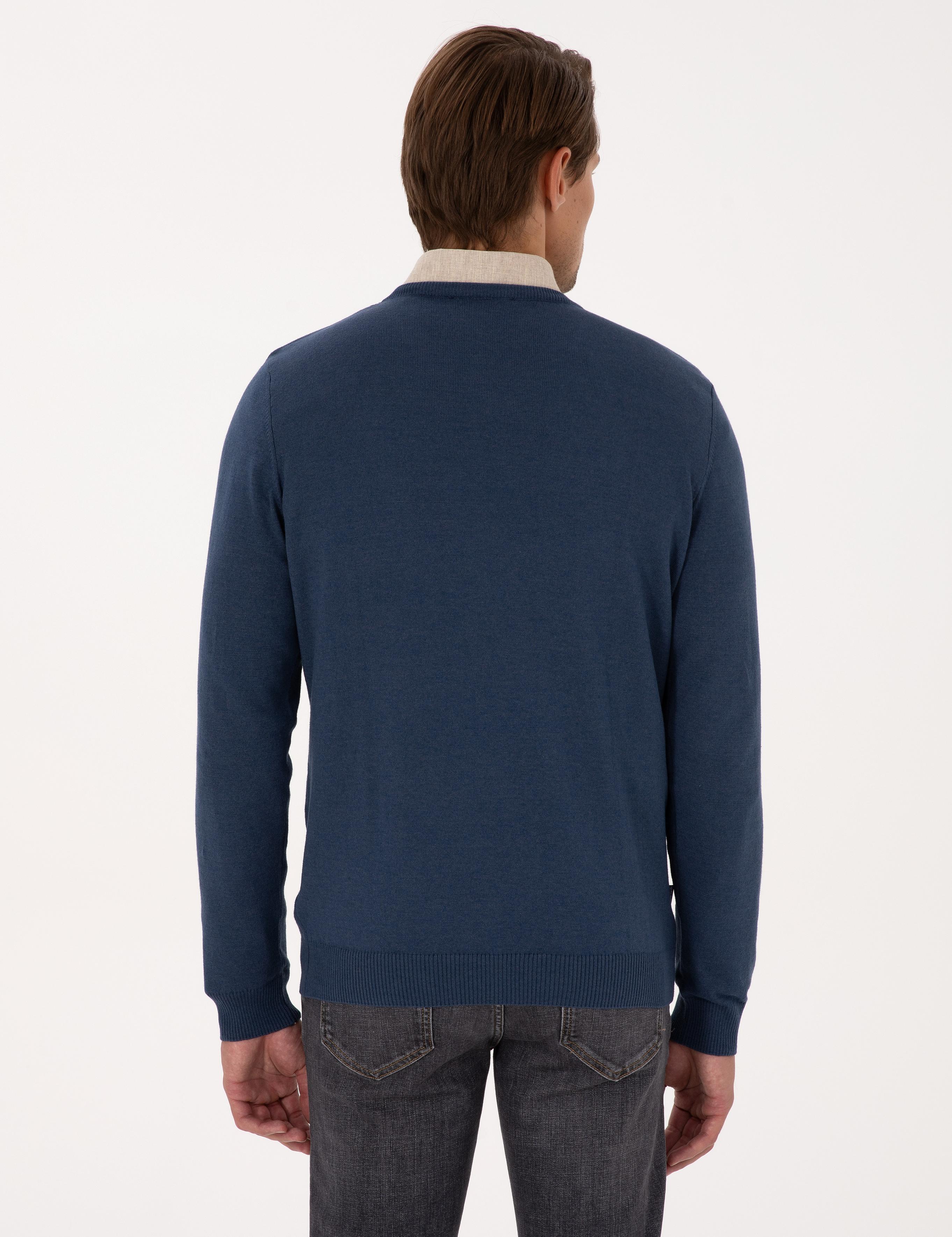 İndigo Melanj Slim Fit V Yaka Basic Triko Kazak