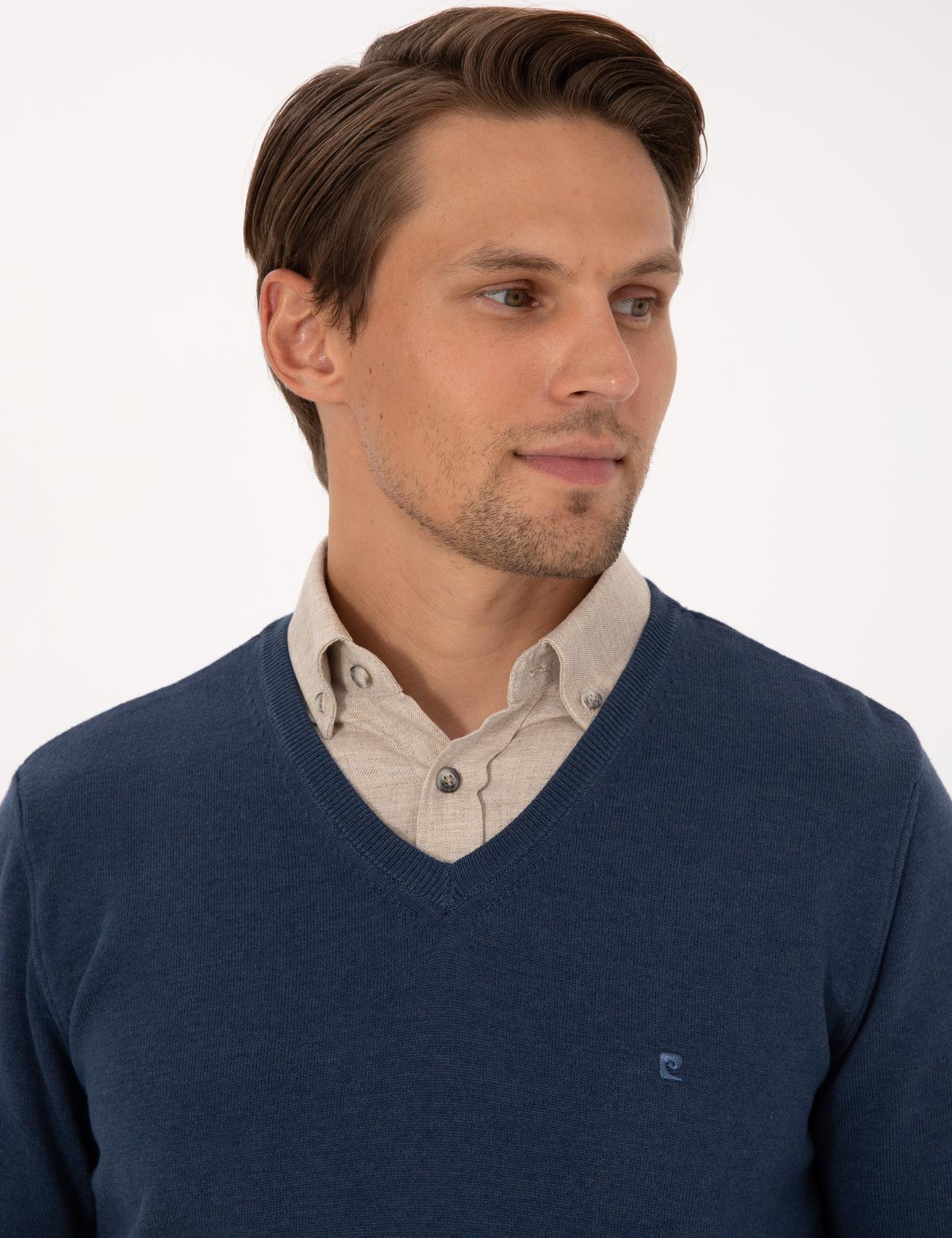 İndigo Melanj Slim Fit V Yaka Basic Triko Kazak - 50314190021