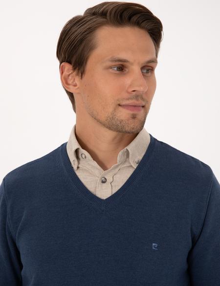 İndigo Melanj Slim Fit V Yaka Basic Triko Kazak - 50314190021