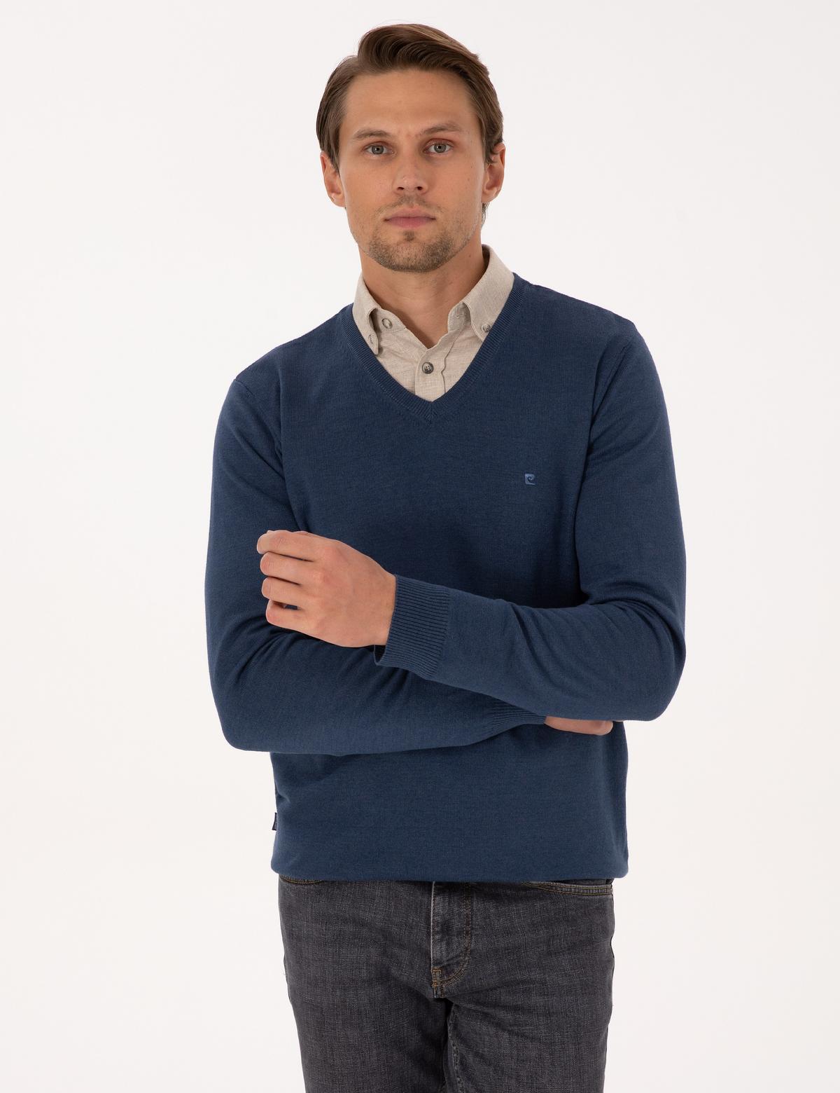 İndigo Melanj Slim Fit V Yaka Basic Triko Kazak - 50314190021