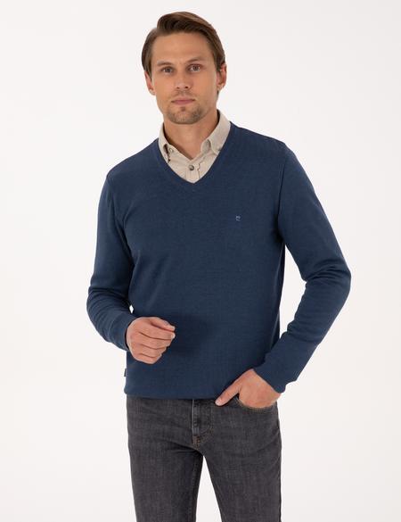 İndigo Melanj Slim Fit V Yaka Basic Triko Kazak - 50314190021