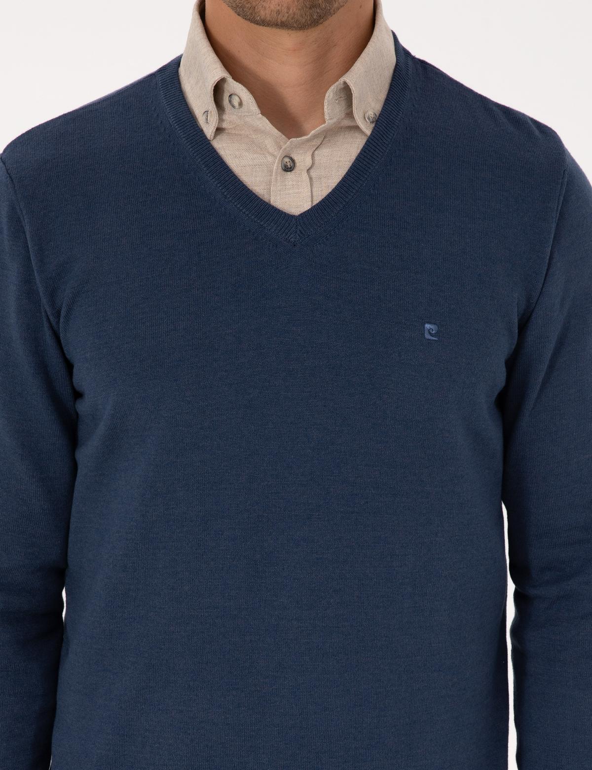 İndigo Melanj Slim Fit V Yaka Basic Triko Kazak - 50314190021