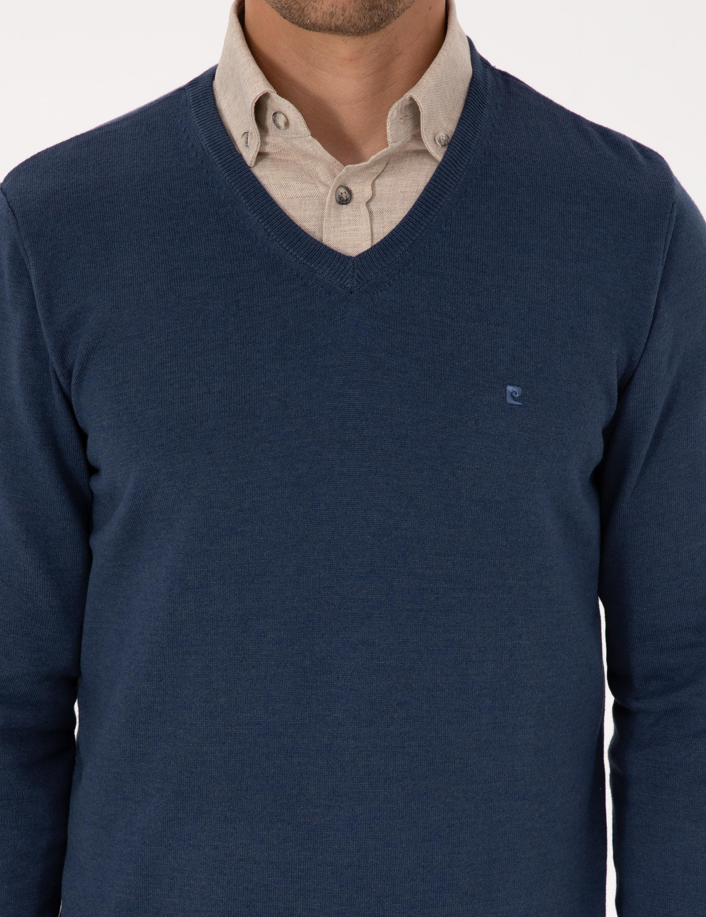 İndigo Melanj Slim Fit V Yaka Basic Triko Kazak