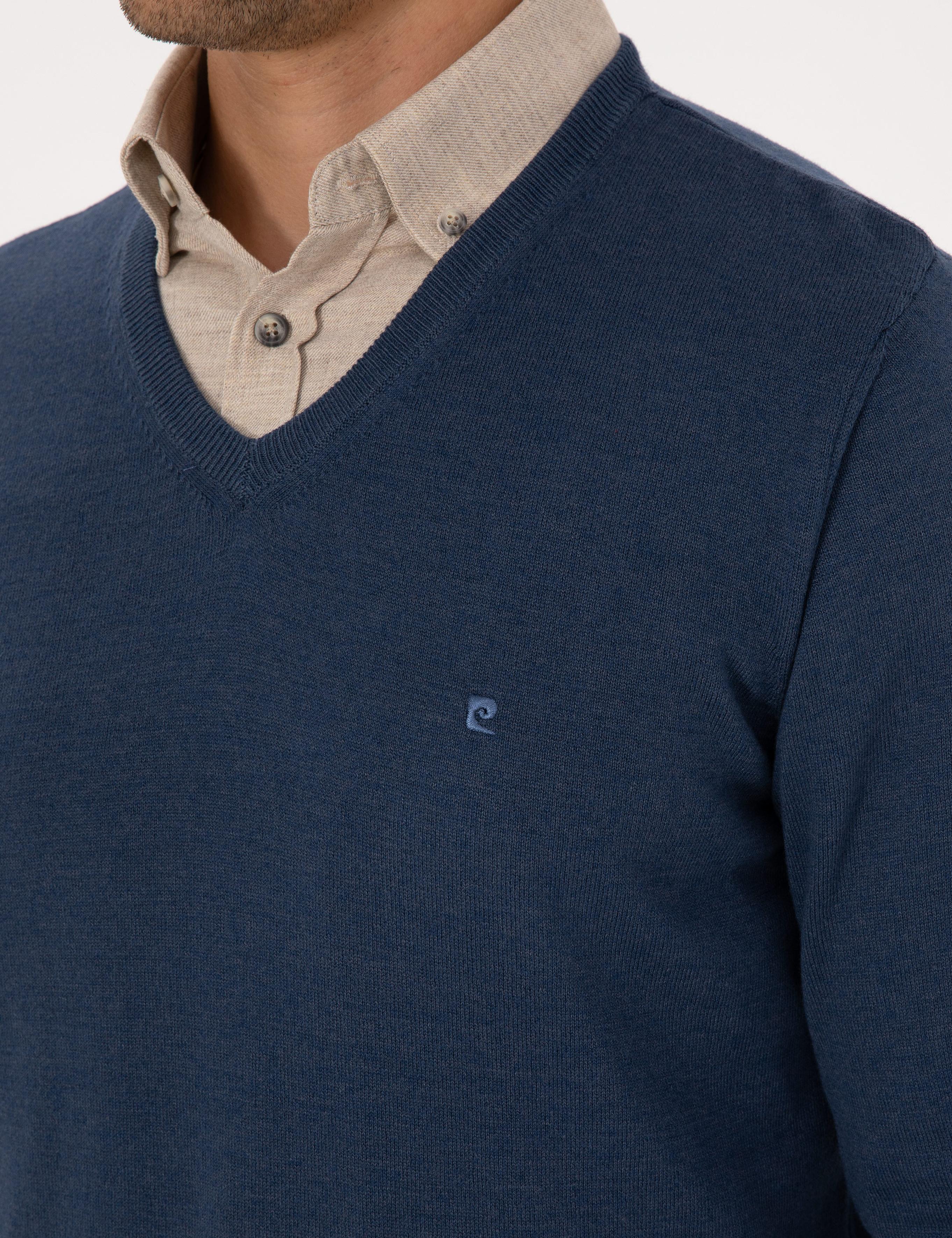 İndigo Melanj Slim Fit V Yaka Basic Triko Kazak