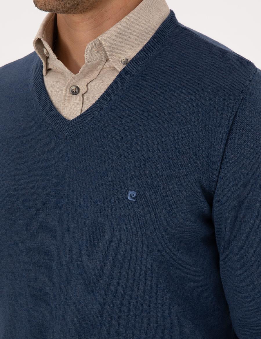 İndigo Melanj Slim Fit V Yaka Basic Triko Kazak