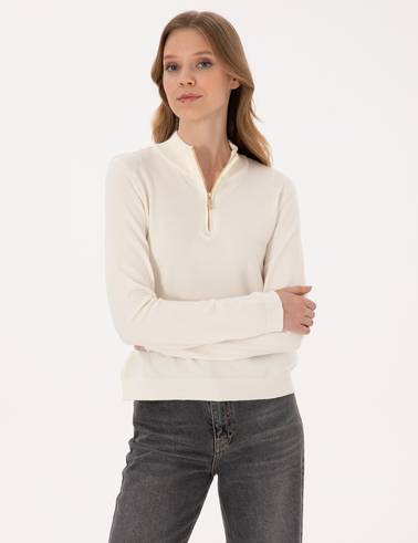 Ekru Slim Fit Fermuarlı Kazak