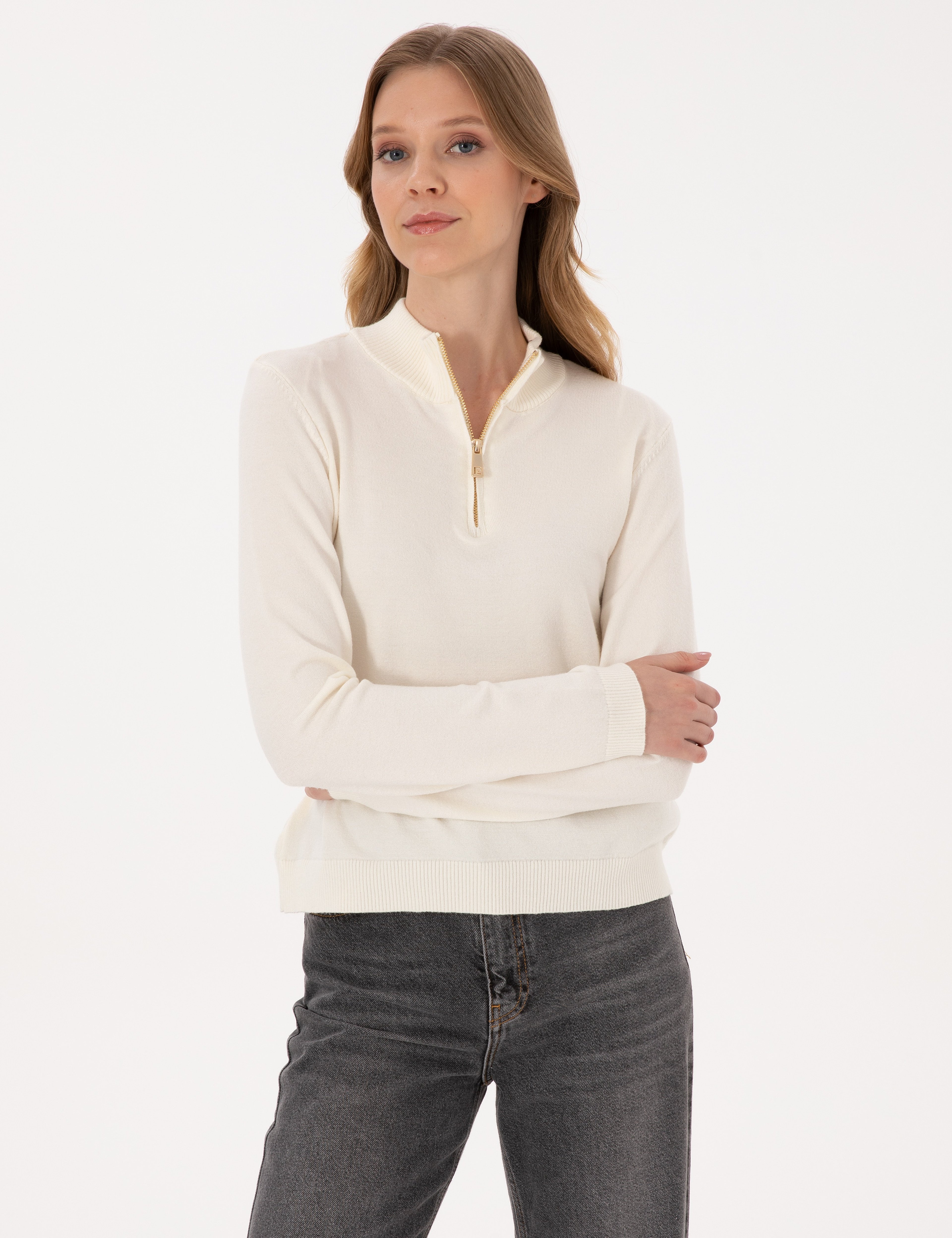 Ekru Slim Fit Fermuarlı Kazak