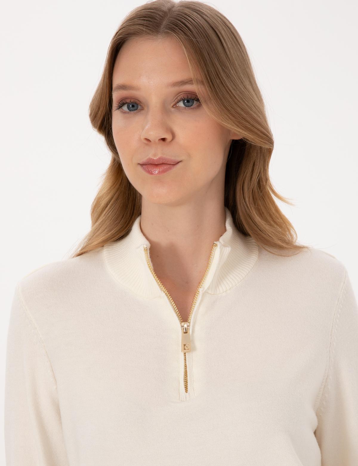 Ekru Slim Fit Fermuarlı Kazak - 50317114022