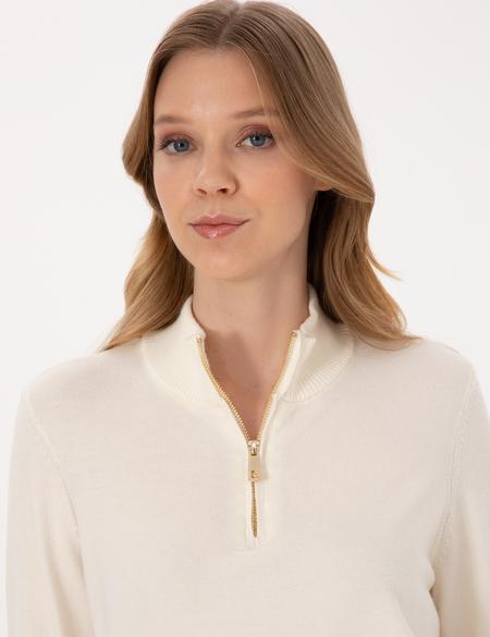 Ekru Slim Fit Fermuarlı Kazak - 50317114022