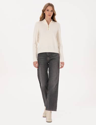 Ekru Slim Fit Fermuarlı Kazak