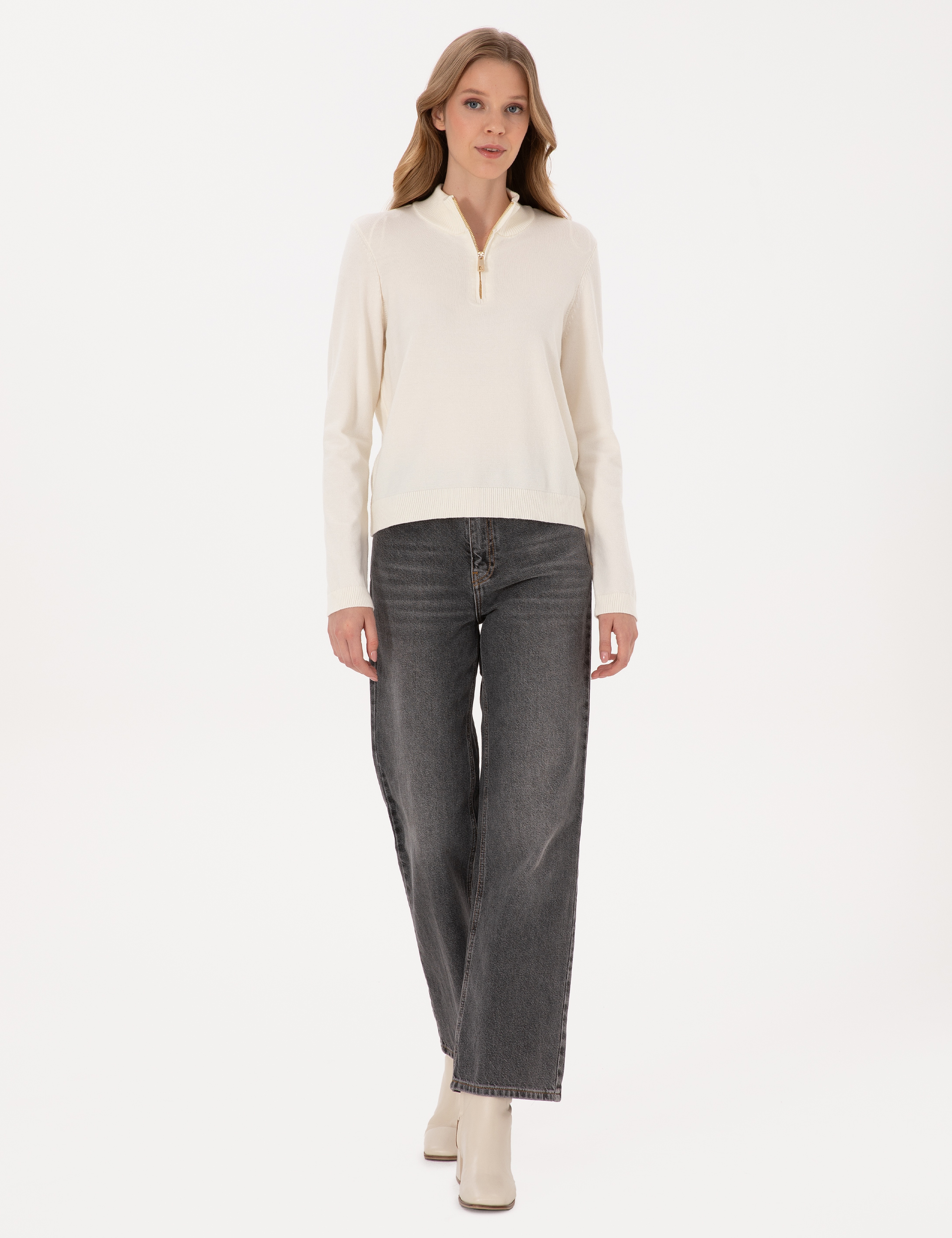 Ekru Slim Fit Fermuarlı Kazak - Image 4