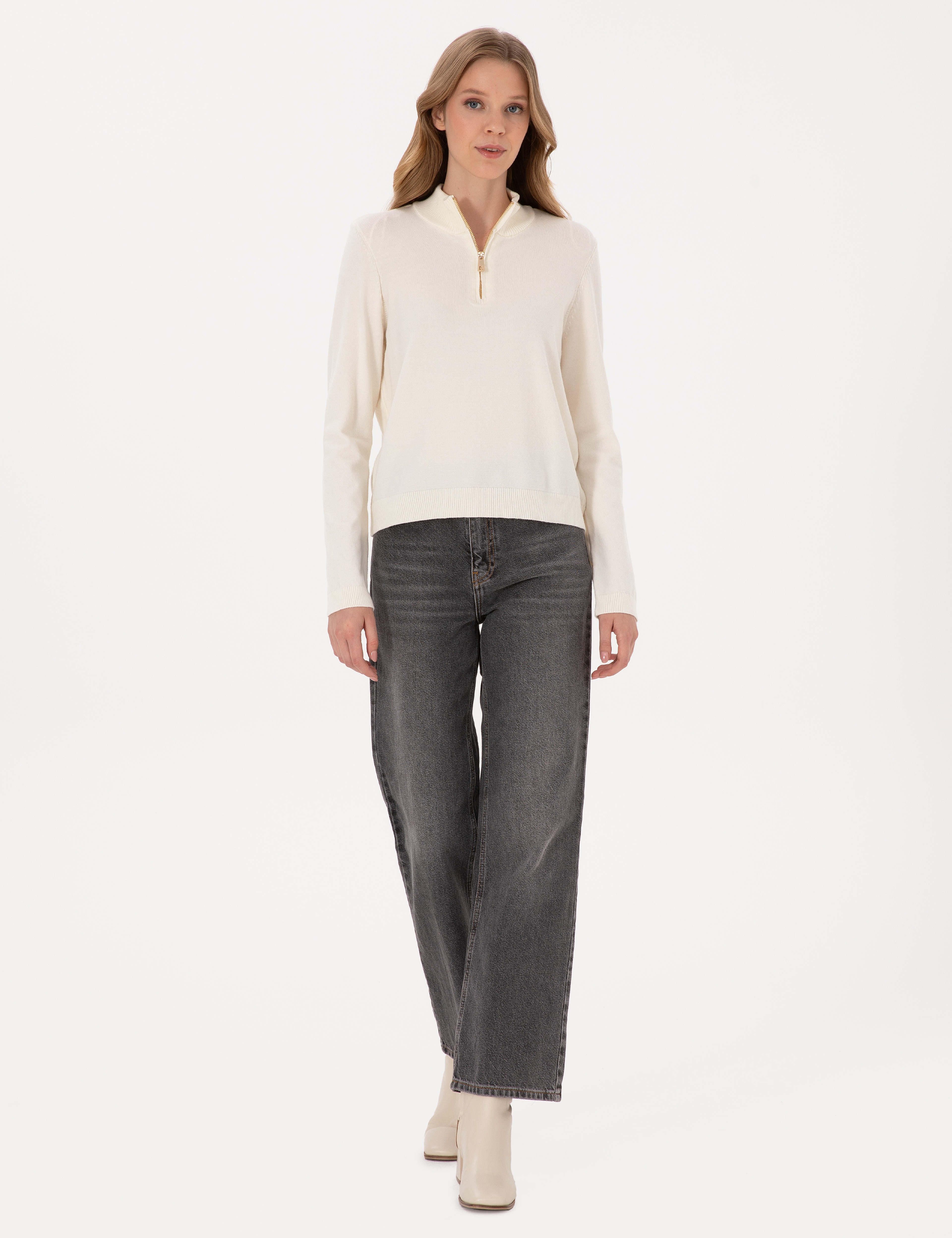 Ekru Slim Fit Fermuarlı Kazak