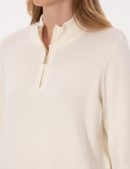 Ekru Slim Fit Fermuarlı Kazak - 50317114022